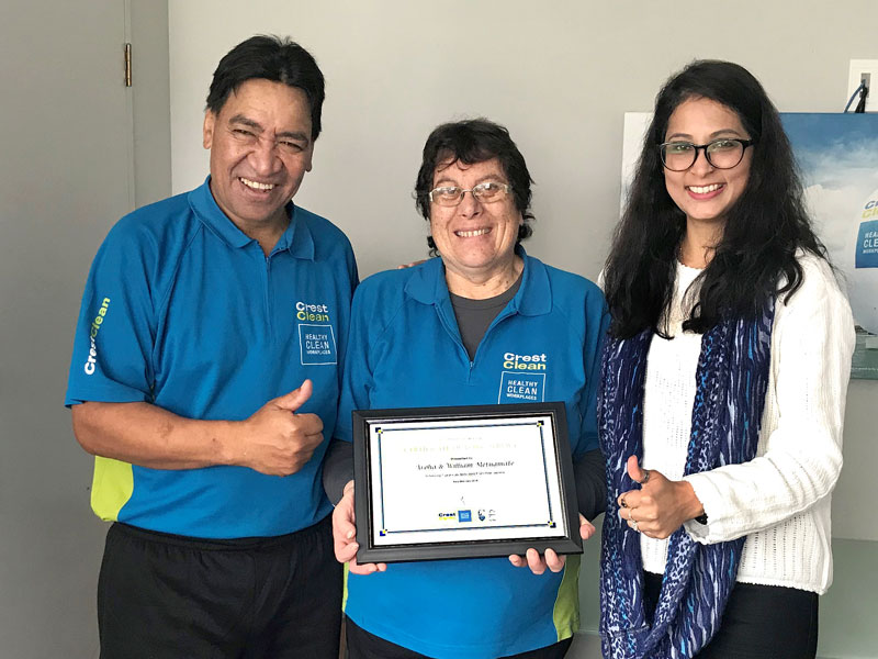 William and Aroha Metuamate receive their long service award from Shareen Raj, CrestClean’s Palmerston North / Kapiti Coast Regional Manager.