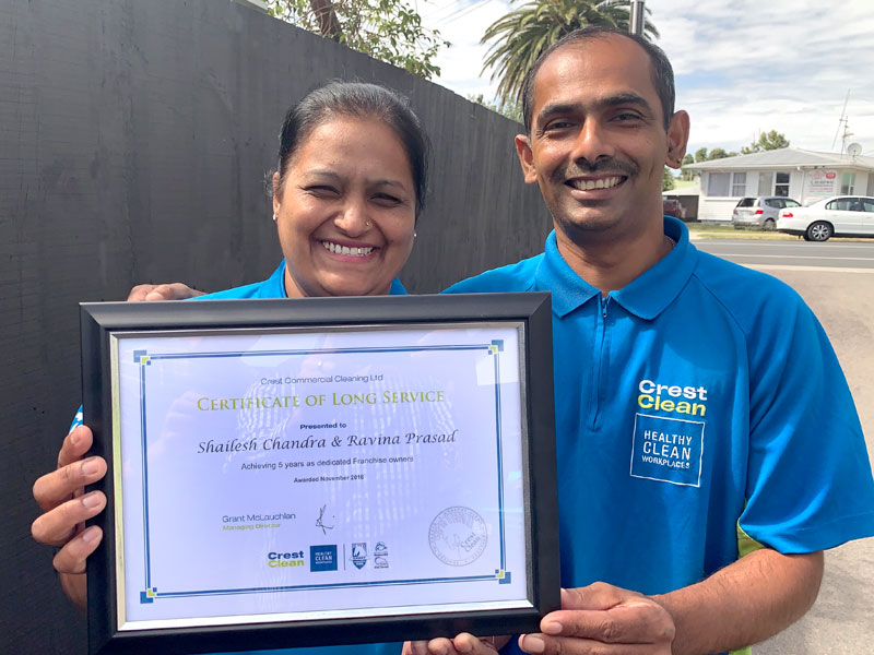 Shailesh Chandra and Ravina Prasad have been with CrestClean for five years. 