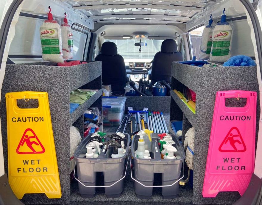 Storage shelves inside van