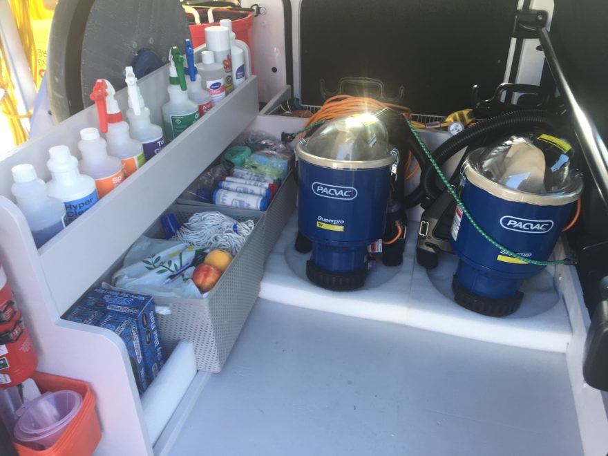 Inside a cleaning van.