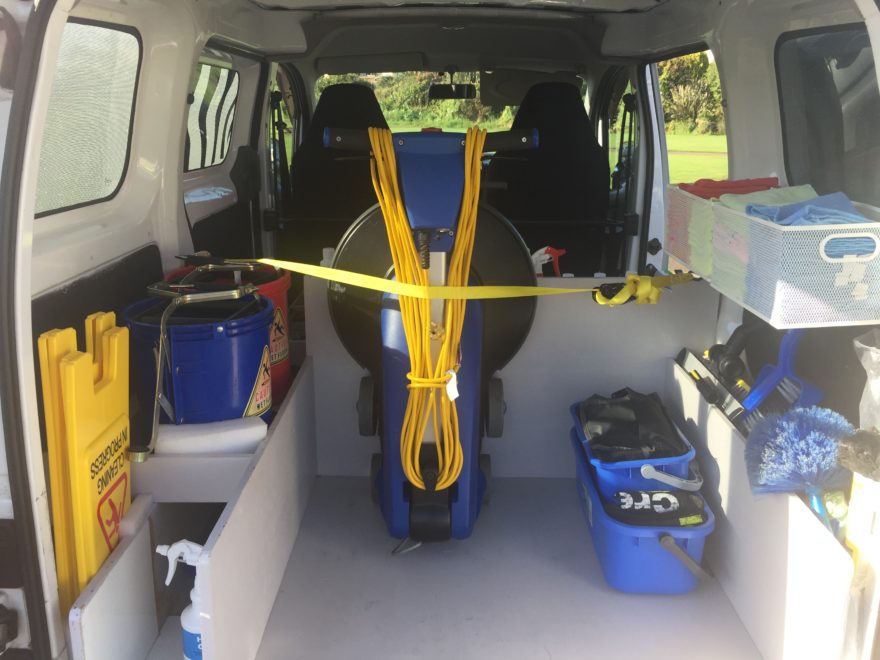 Inside a cleaning van.