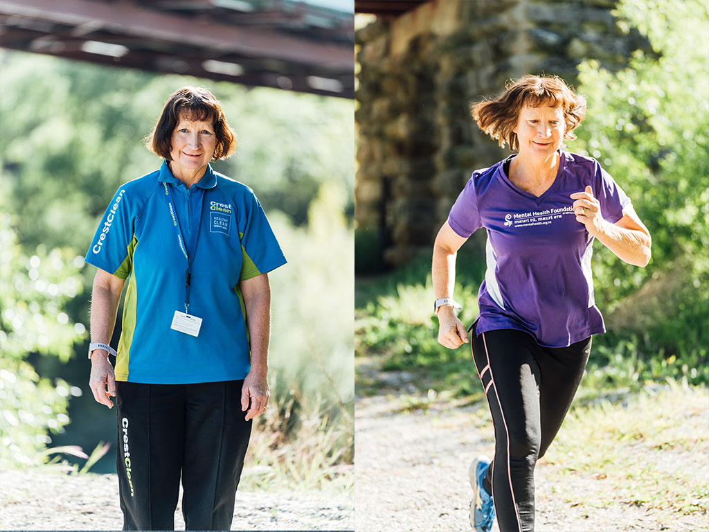 Photo of woman in cleaning uniform, next to a photo of her in her running gear.