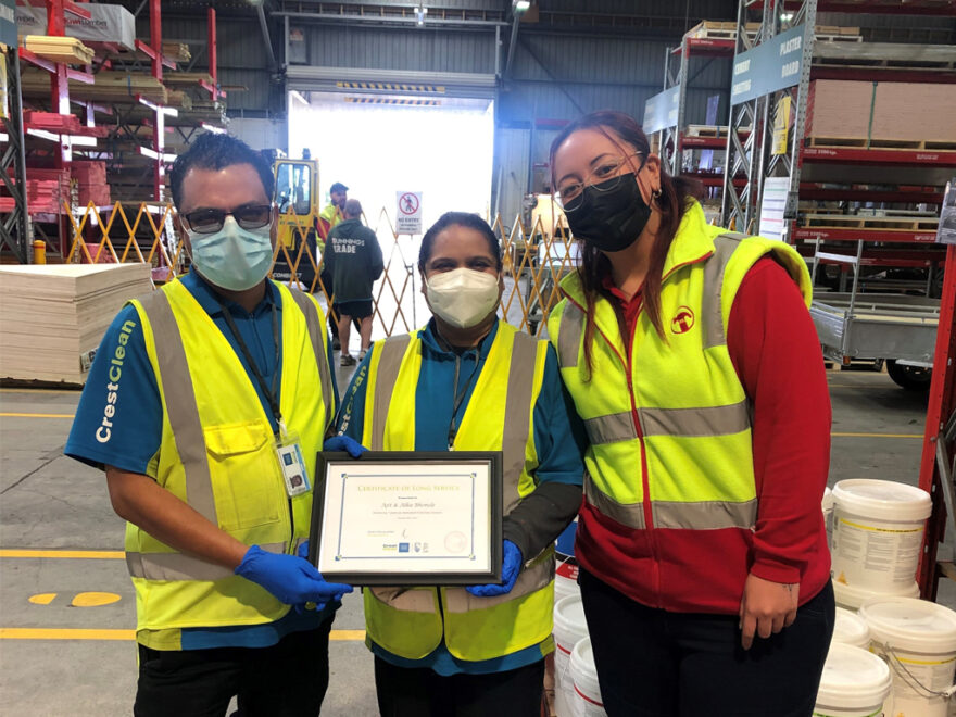 Alka and Ajit Bhonsle with Natalie Masoe, the store manager at the Bunnings Avondale Trade Centre.